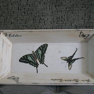 Wood Tray Hand Painted Decorated Vintage French Country Look Butterflies Wooden